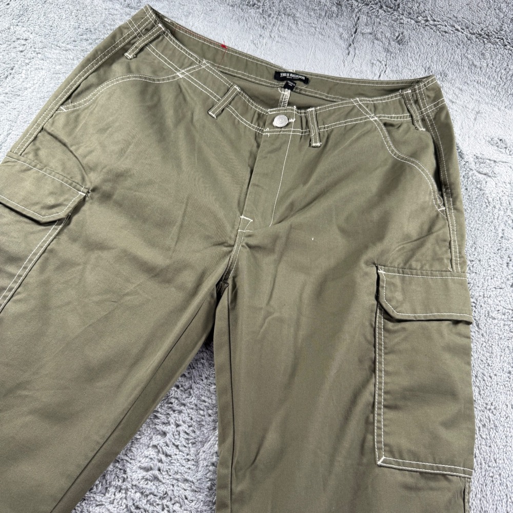 True Religion Mens Olive Green Contrast Stitch Cargo Pants Size 36 Embroidered